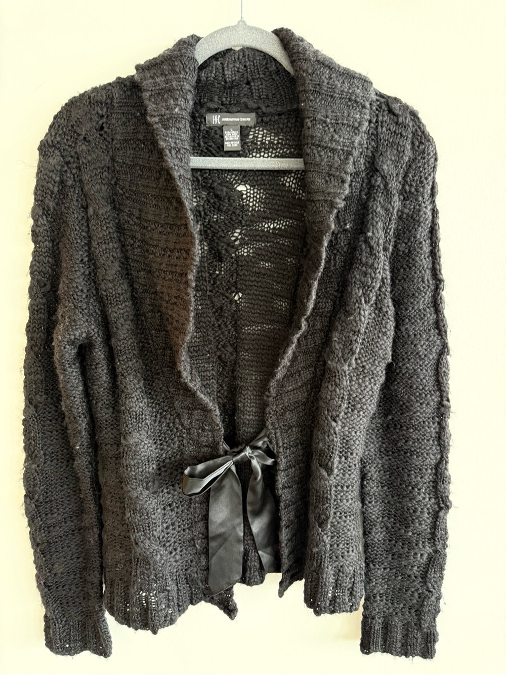 INC International Concepts Charcoal Shawl Collar Knit Cardigan with Satin Bow